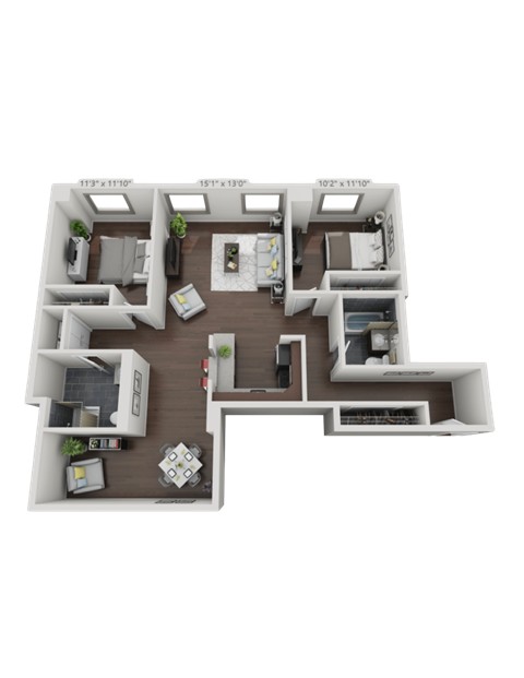 A 3D floor plan of a house with multiple rooms and furniture.